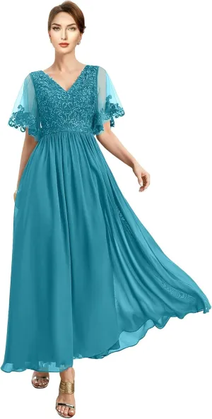 Ankle Length Mother of The Bride Dresses for Women with V-Neckline Appliques Formal Evening Gowns Sequin 2024