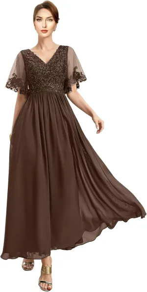 Ankle Length Mother of The Bride Dresses for Women with V-Neckline Appliques Formal Evening Gowns Sequin 2024