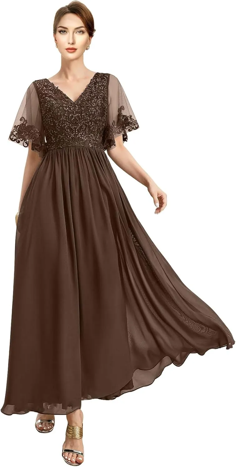 Ankle Length Mother of The Bride Dresses for Women with V-Neckline Appliques Formal Evening Gowns Sequin 2024