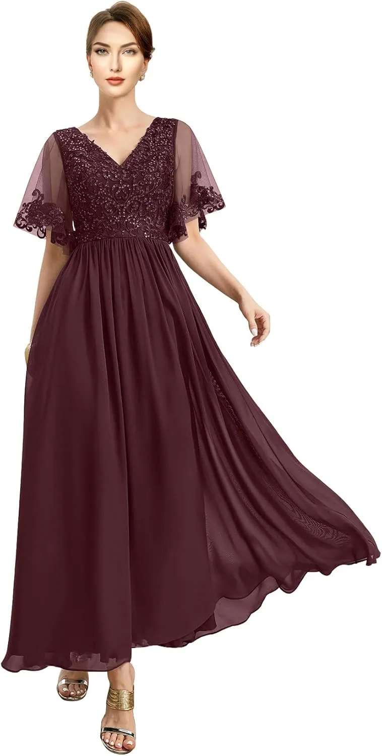 Ankle Length Mother of The Bride Dresses for Women with V-Neckline Appliques Formal Evening Gowns Sequin 2024