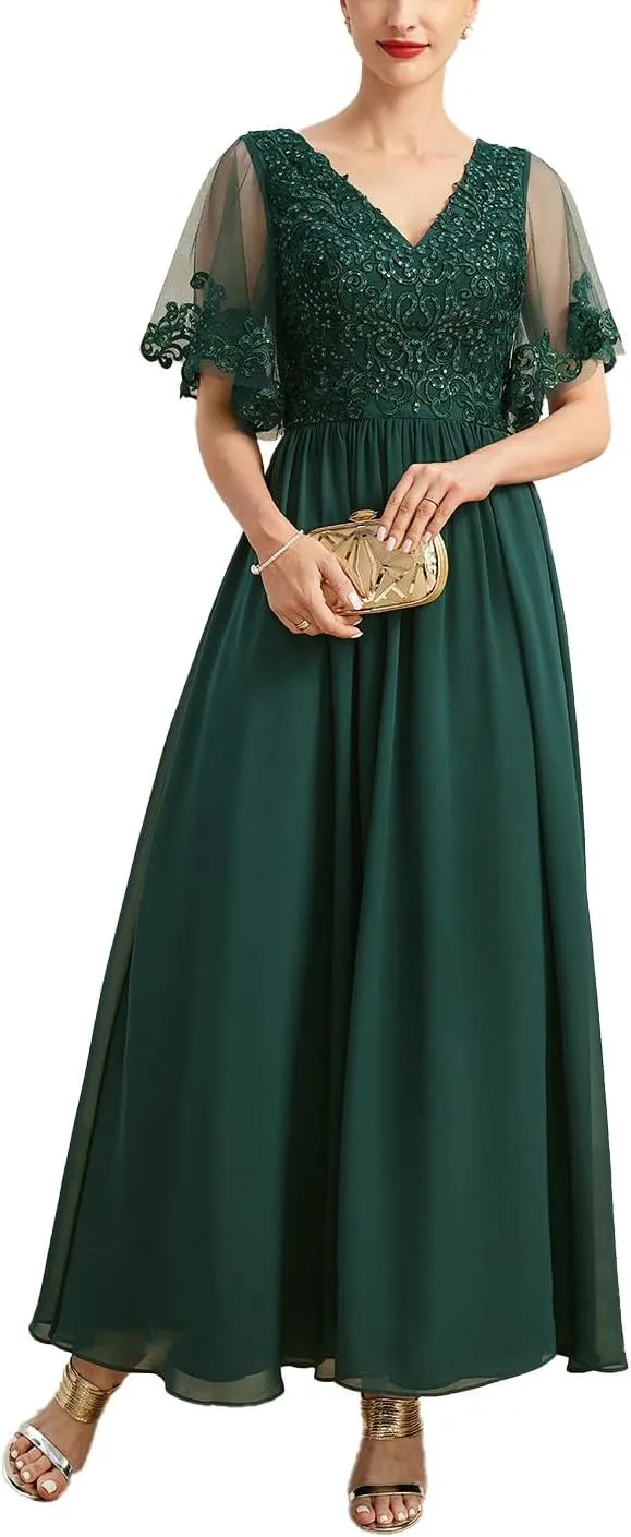 Ankle Length Mother of The Bride Dresses for Women with V-Neckline Appliques Formal Evening Gowns Sequin 2024
