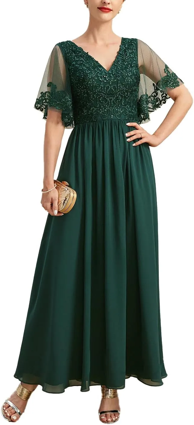 Ankle Length Mother of The Bride Dresses for Women with V-Neckline Appliques Formal Evening Gowns Sequin 2024