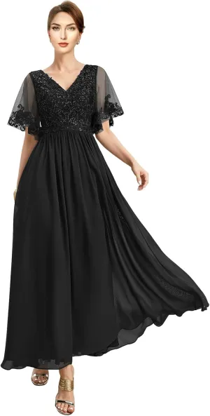 Ankle Length Mother of The Bride Dresses for Women with V-Neckline Appliques Formal Evening Gowns Sequin 2024