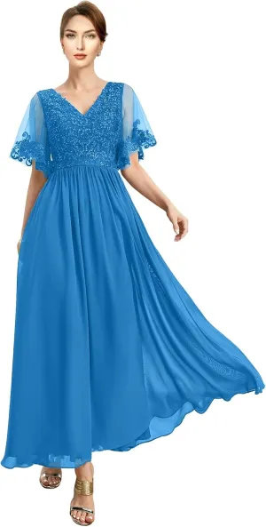 Ankle Length Mother of The Bride Dresses for Women with V-Neckline Appliques Formal Evening Gowns Sequin 2024