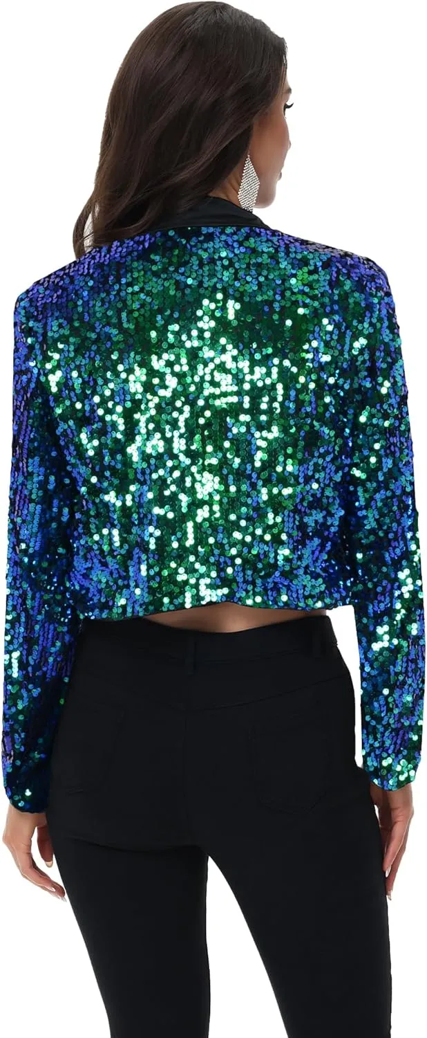 Anna-Kaci Women's Sparkly Crop Sequin Blazer Jacket Long Sleeve Party Club Cardigan Out, Black and Silver, Large