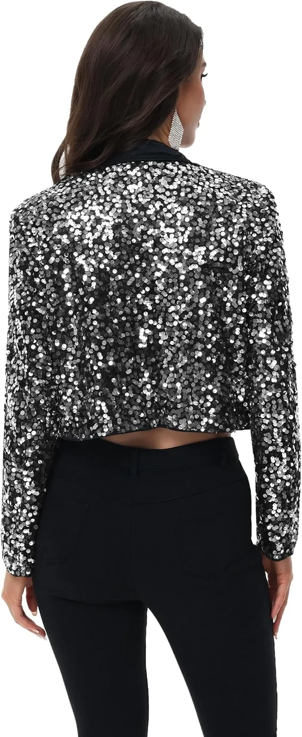 Anna-Kaci Women's Sparkly Crop Sequin Blazer Jacket Long Sleeve Party Club Cardigan Out, Black and Silver, Large