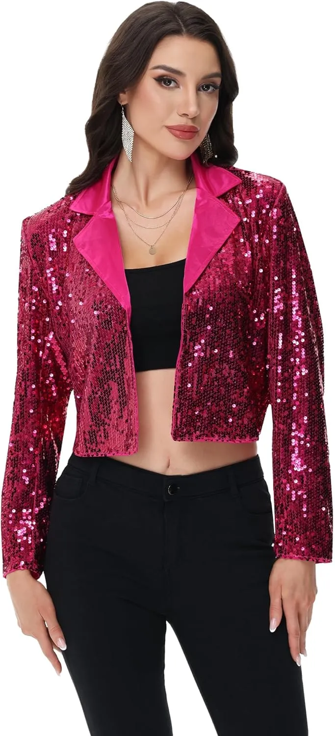 Anna-Kaci Women's Sparkly Crop Sequin Blazer Jacket Long Sleeve Party Club Cardigan Out, Black and Silver, Large