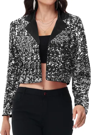 Anna-Kaci Women's Sparkly Crop Sequin Blazer Jacket Long Sleeve Party Club Cardigan Out, Black and Silver, Large