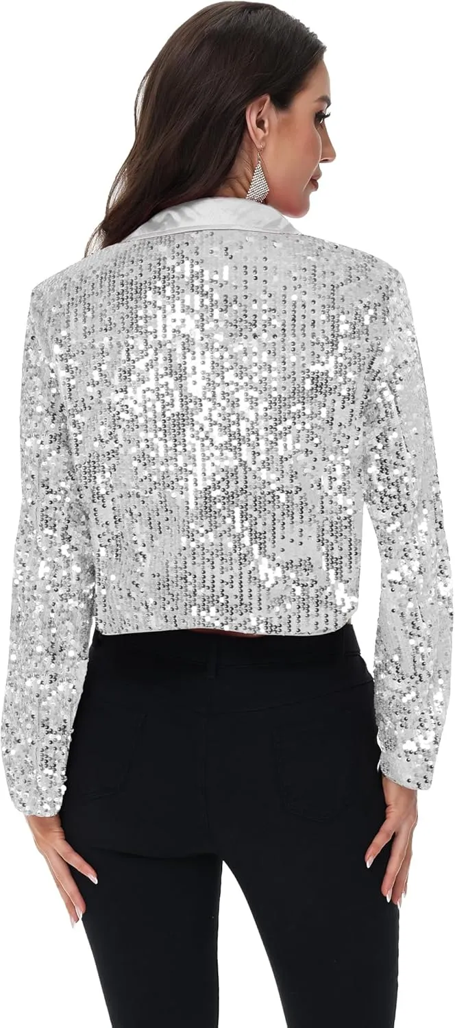 Anna-Kaci Women's Sparkly Crop Sequin Blazer Jacket Long Sleeve Party Club Cardigan Out, Black and Silver, Large