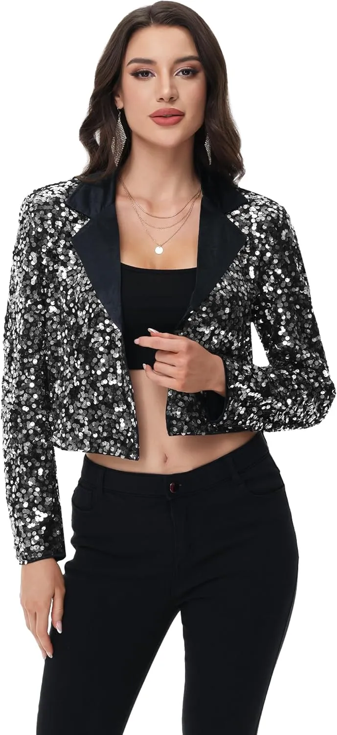 Anna-Kaci Women's Sparkly Crop Sequin Blazer Jacket Long Sleeve Party Club Cardigan Out, Black and Silver, Large