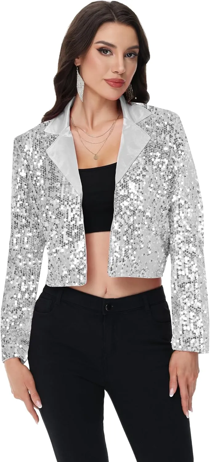 Anna-Kaci Women's Sparkly Crop Sequin Blazer Jacket Long Sleeve Party Club Cardigan Out, Black and Silver, Large