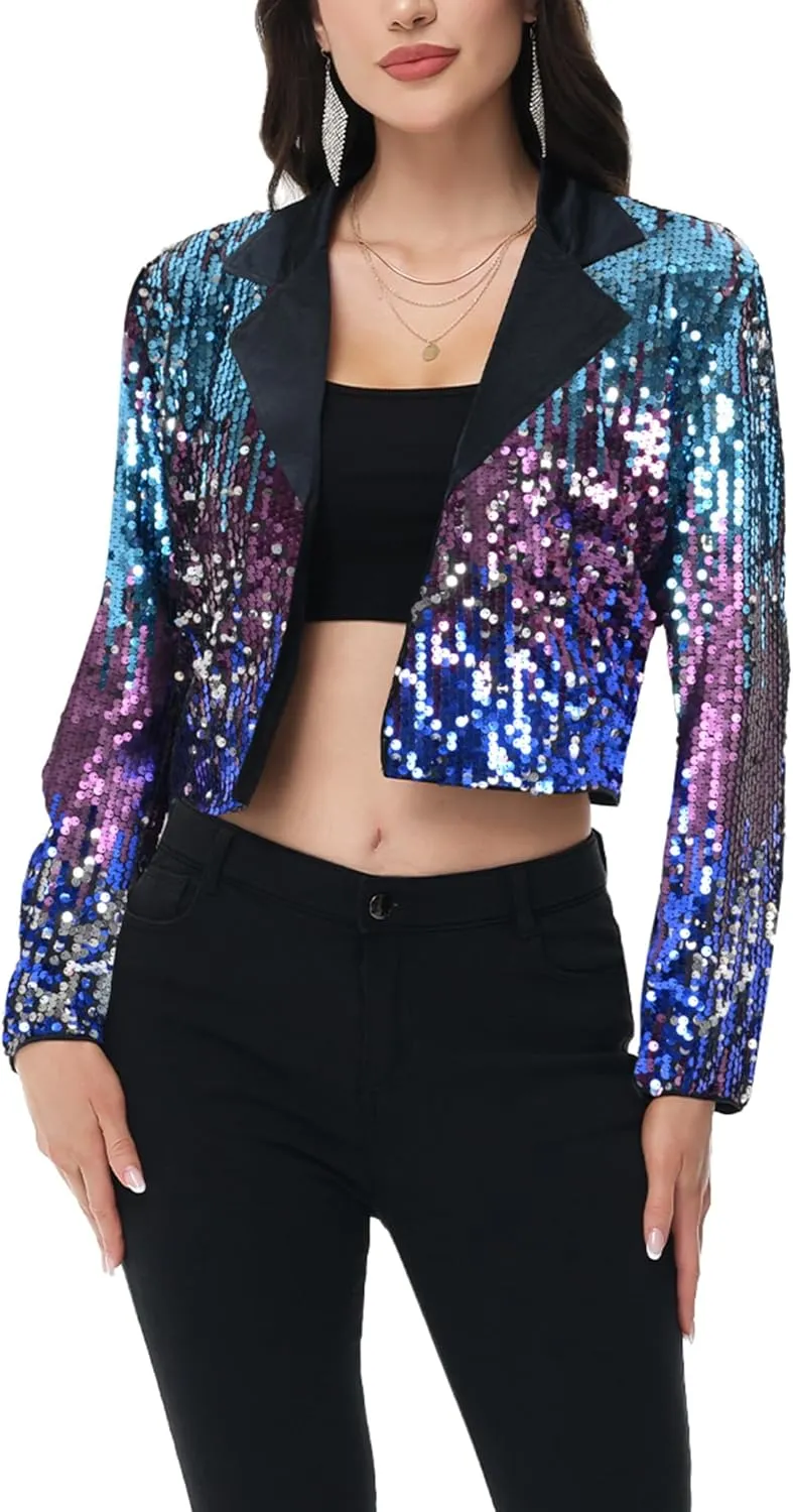 Anna-Kaci Women's Sparkly Crop Sequin Blazer Jacket Long Sleeve Party Club Cardigan Out, Black and Silver, Large