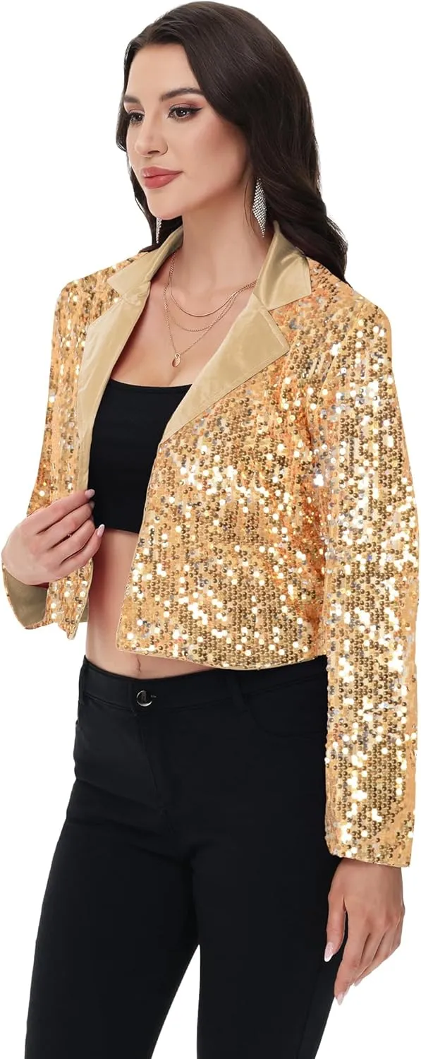 Anna-Kaci Women's Sparkly Crop Sequin Blazer Jacket Long Sleeve Party Club Cardigan Out, Black and Silver, Large