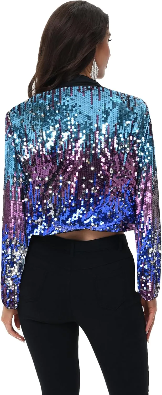 Anna-Kaci Women's Sparkly Crop Sequin Blazer Jacket Long Sleeve Party Club Cardigan Out, Black and Silver, Large