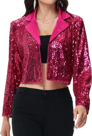 Anna-Kaci Women's Sparkly Crop Sequin Blazer Jacket Long Sleeve Party Club Cardigan Out, Black and Silver, Large