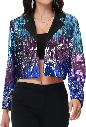 Anna-Kaci Women's Sparkly Crop Sequin Blazer Jacket Long Sleeve Party Club Cardigan Out, Black and Silver, Large