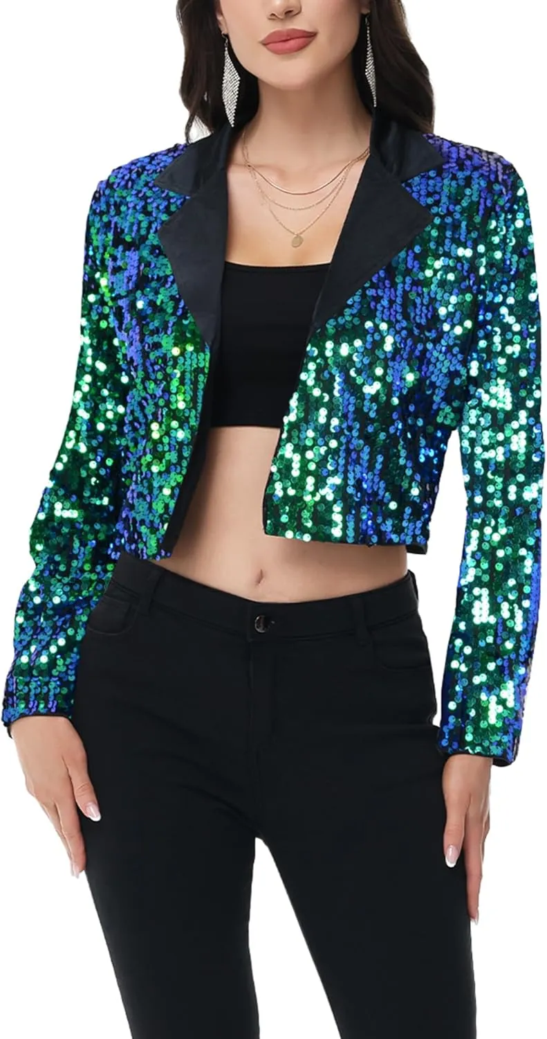 Anna-Kaci Women's Sparkly Crop Sequin Blazer Jacket Long Sleeve Party Club Cardigan Out, Black and Silver, Large