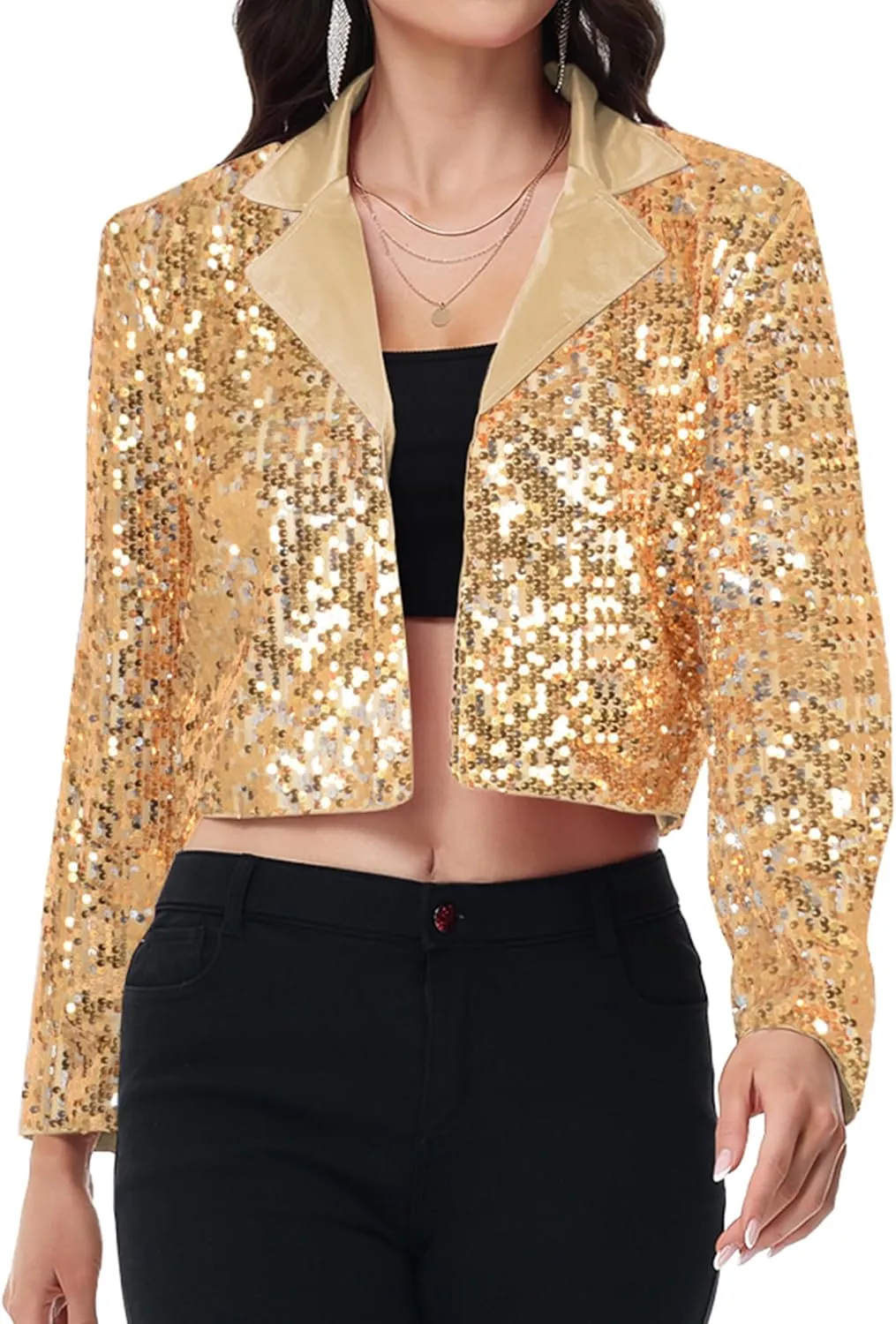 Anna-Kaci Women's Sparkly Crop Sequin Blazer Jacket Long Sleeve Party Club Cardigan Out, Black and Silver, Large
