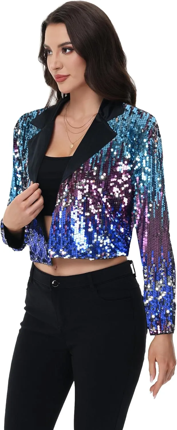 Anna-Kaci Women's Sparkly Crop Sequin Blazer Jacket Long Sleeve Party Club Cardigan Out, Black and Silver, Large