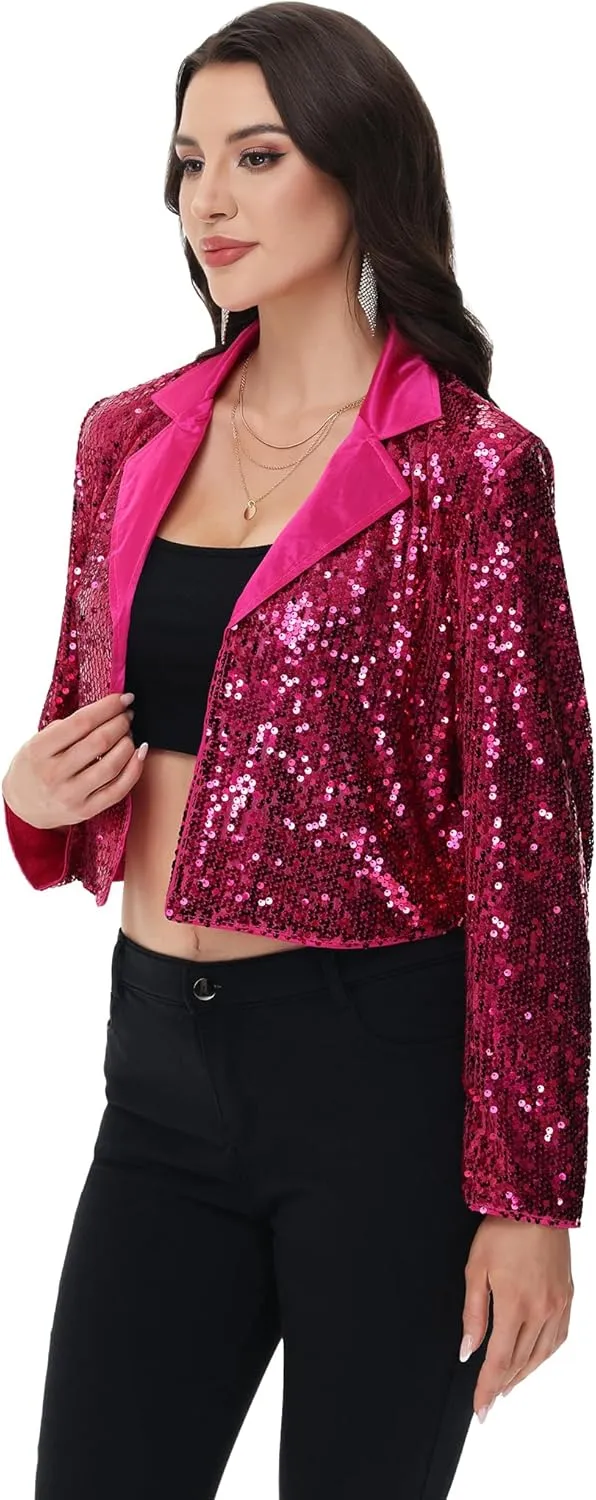 Anna-Kaci Women's Sparkly Crop Sequin Blazer Jacket Long Sleeve Party Club Cardigan Out, Black and Silver, Large