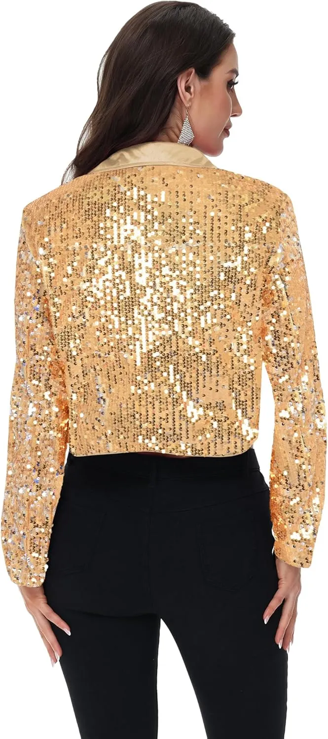 Anna-Kaci Women's Sparkly Crop Sequin Blazer Jacket Long Sleeve Party Club Cardigan Out, Black and Silver, Large