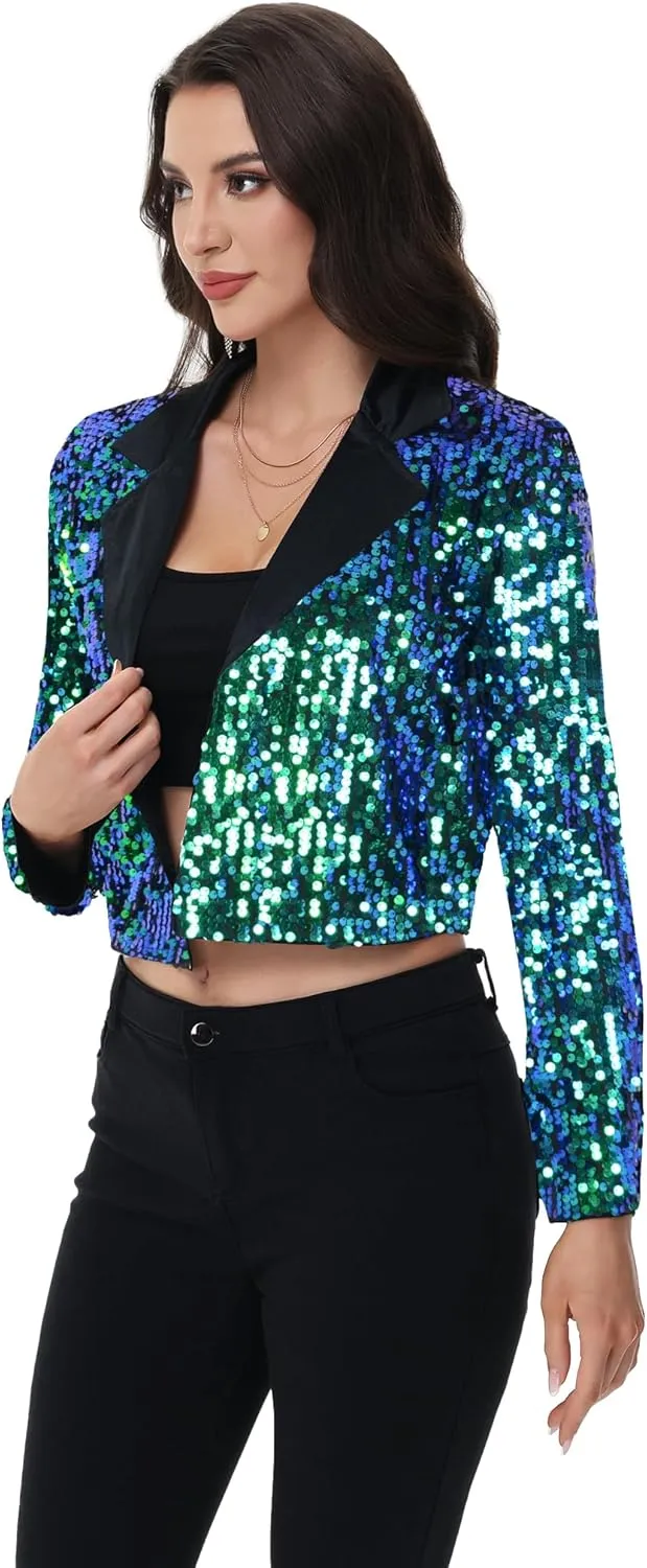Anna-Kaci Women's Sparkly Crop Sequin Blazer Jacket Long Sleeve Party Club Cardigan Out, Black and Silver, Large