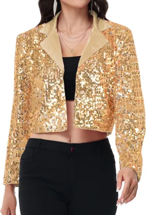 Anna-Kaci Women's Sparkly Crop Sequin Blazer Jacket Long Sleeve Party Club Cardigan Out, Black and Silver, Large