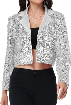 Anna-Kaci Women's Sparkly Crop Sequin Blazer Jacket Long Sleeve Party Club Cardigan Out, Black and Silver, Large