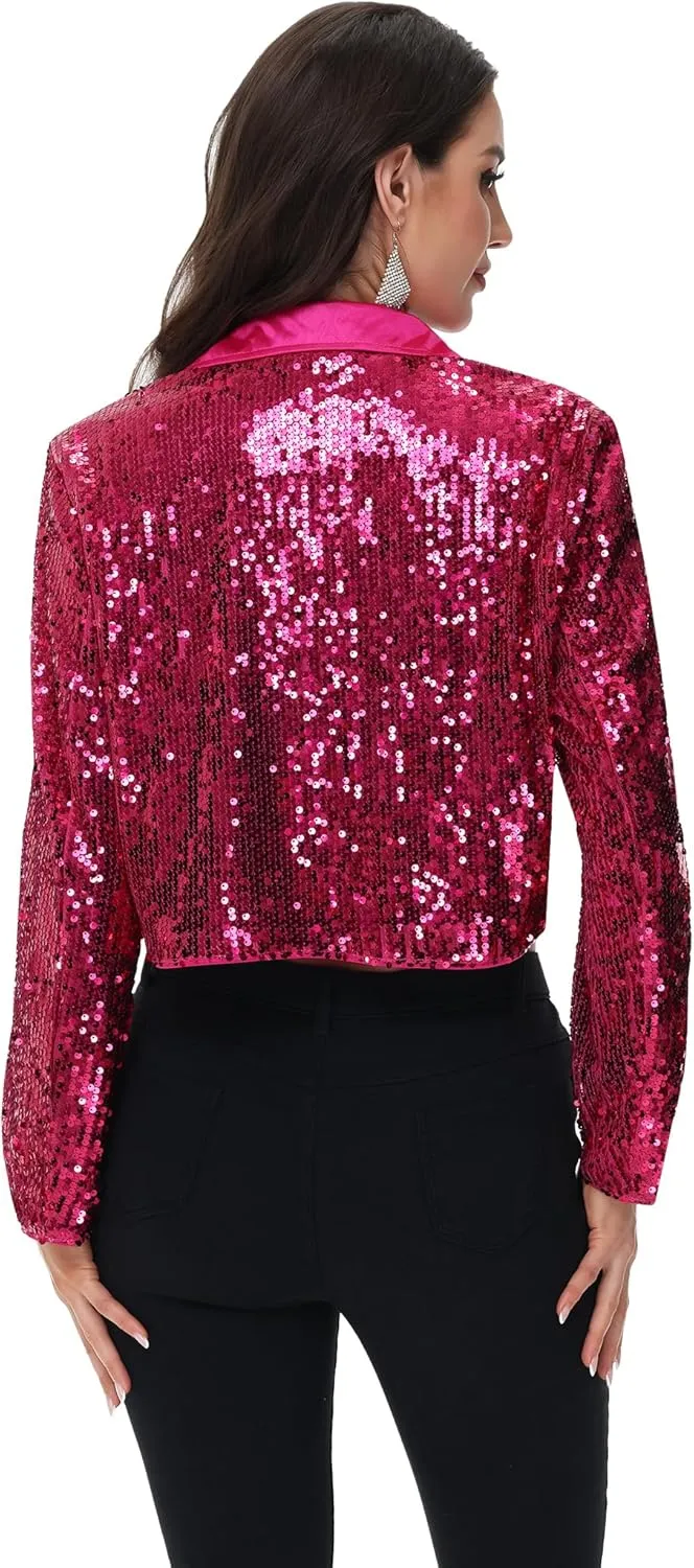 Anna-Kaci Women's Sparkly Crop Sequin Blazer Jacket Long Sleeve Party Club Cardigan Out, Black and Silver, Large