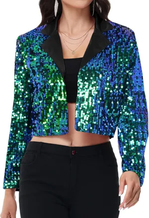 Anna-Kaci Women's Sparkly Crop Sequin Blazer Jacket Long Sleeve Party Club Cardigan Out, Black and Silver, Large