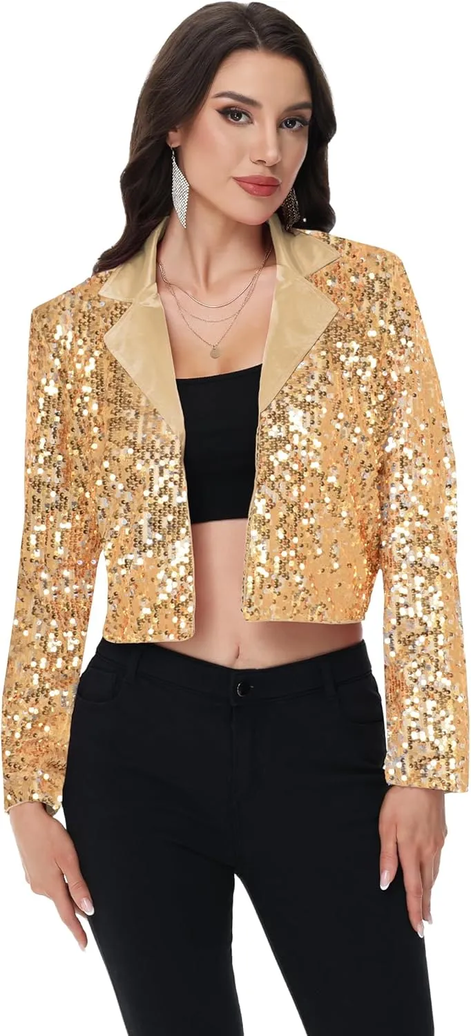 Anna-Kaci Women's Sparkly Crop Sequin Blazer Jacket Long Sleeve Party Club Cardigan Out, Black and Silver, Large