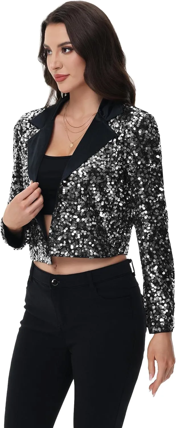 Anna-Kaci Women's Sparkly Crop Sequin Blazer Jacket Long Sleeve Party Club Cardigan Out, Black and Silver, Large