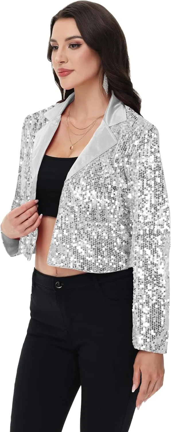 Anna-Kaci Women's Sparkly Crop Sequin Blazer Jacket Long Sleeve Party Club Cardigan Out, Black and Silver, Large