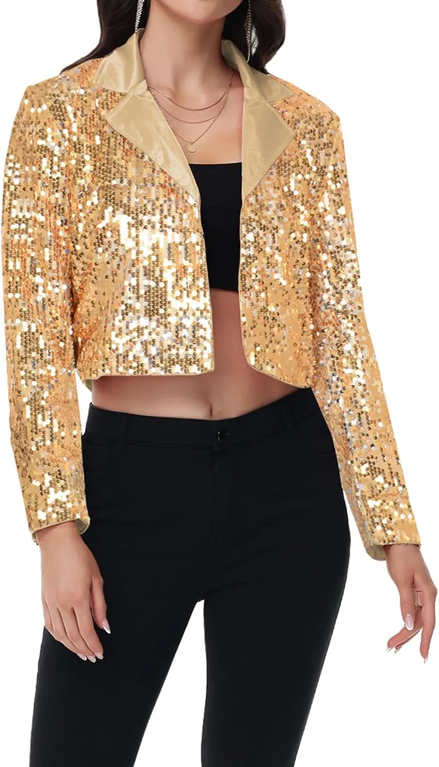 Anna-Kaci Women's Sparkly Crop Sequin Blazer Jacket Long Sleeve Party Club Cardigan Out, Black and Silver, Large