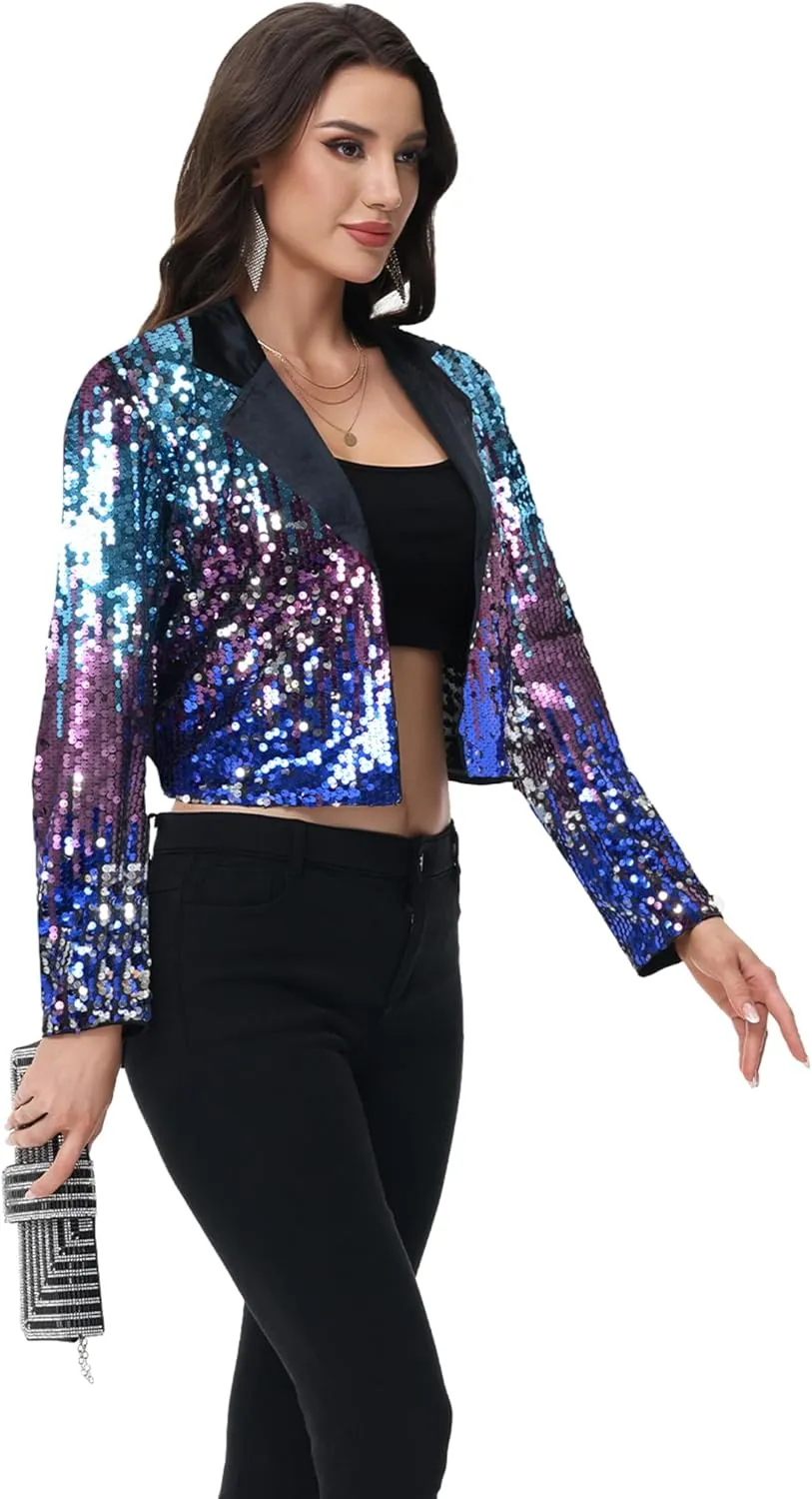Anna-Kaci Women's Sparkly Crop Sequin Blazer Jacket Long Sleeve Party Club Cardigan Out, Black and Silver, Large