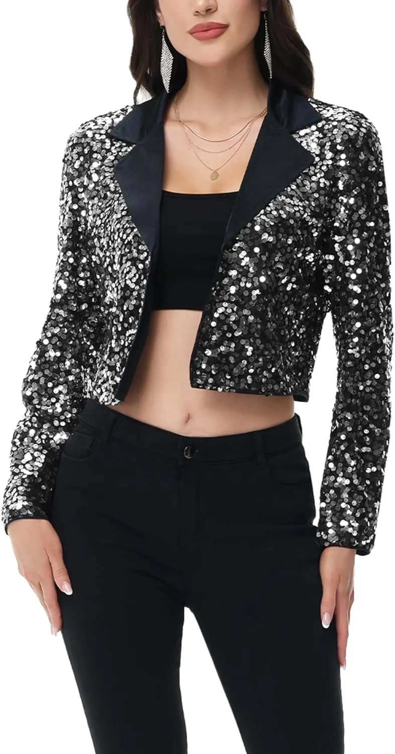 Anna-Kaci Women's Sparkly Crop Sequin Blazer Jacket Long Sleeve Party Club Cardigan Out, Black and Silver, Large