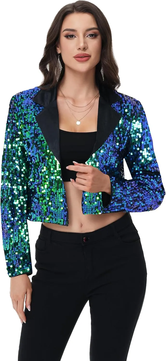 Anna-Kaci Women's Sparkly Crop Sequin Blazer Jacket Long Sleeve Party Club Cardigan Out, Black and Silver, Large