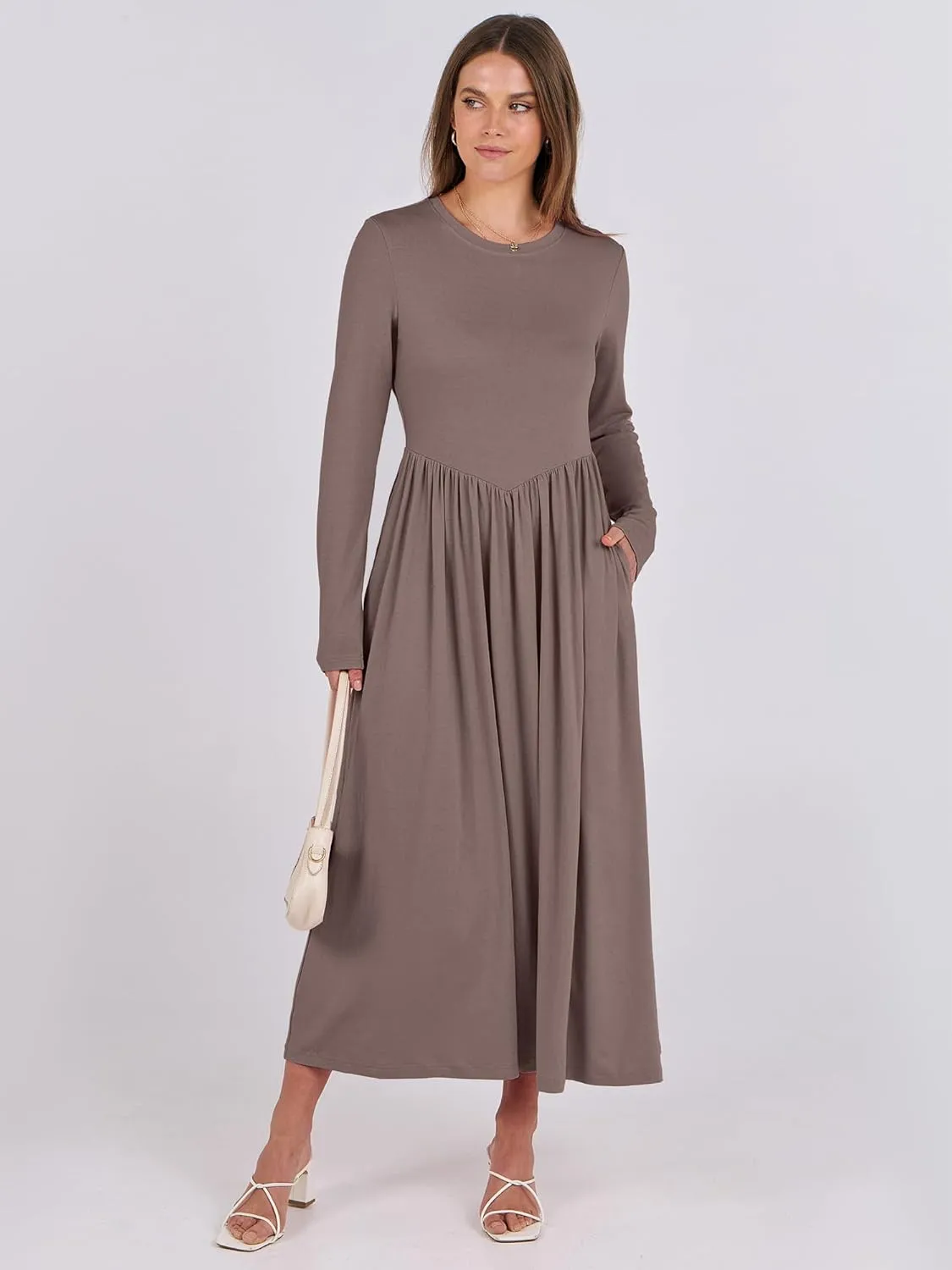 ANRABESS Women's Long Sleeve Maxi Dress Crew Neck Casual Slim Trendy Pleated Long Dresses with Pockets 2025 Spring Outfits