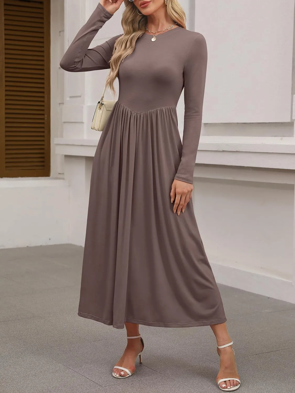 ANRABESS Women's Long Sleeve Maxi Dress Crew Neck Casual Slim Trendy Pleated Long Dresses with Pockets 2025 Spring Outfits