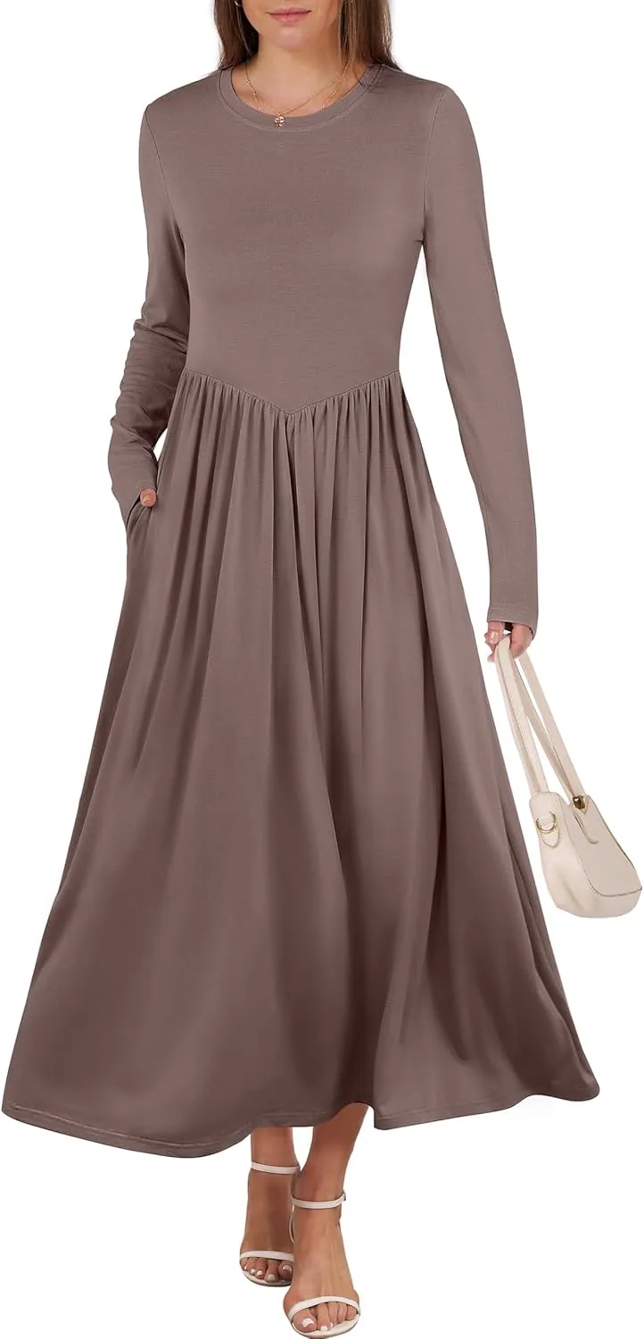 ANRABESS Women's Long Sleeve Maxi Dress Crew Neck Casual Slim Trendy Pleated Long Dresses with Pockets 2025 Spring Outfits