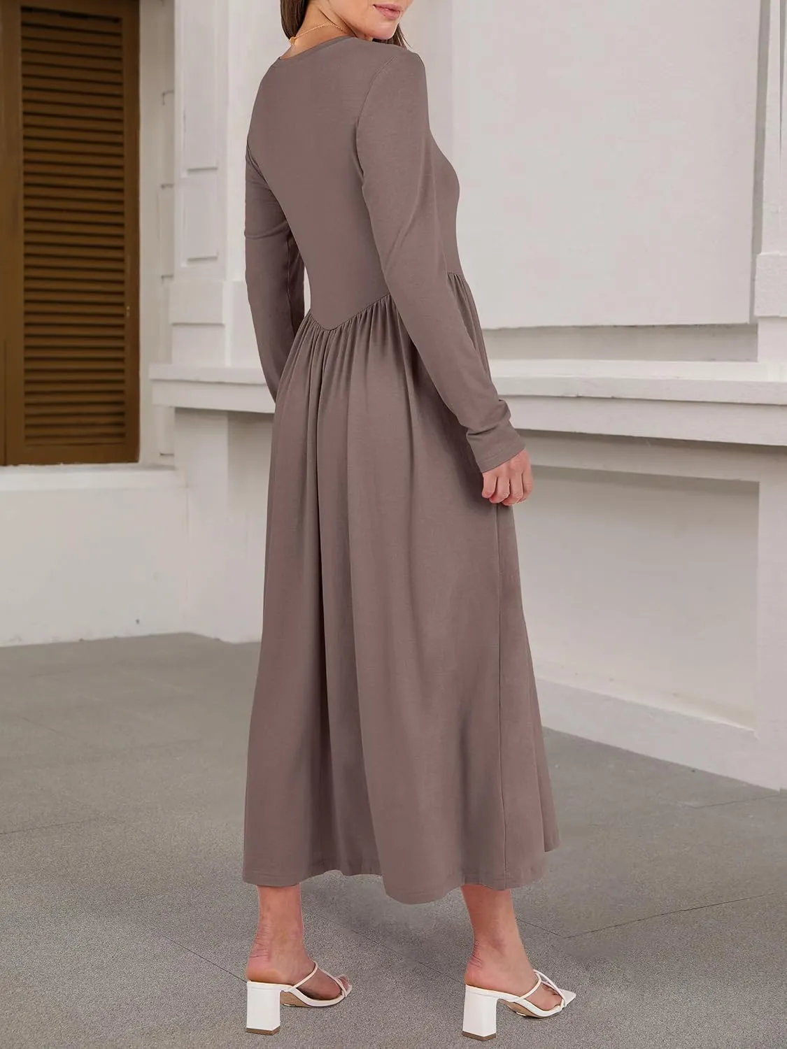 ANRABESS Women's Long Sleeve Maxi Dress Crew Neck Casual Slim Trendy Pleated Long Dresses with Pockets 2025 Spring Outfits