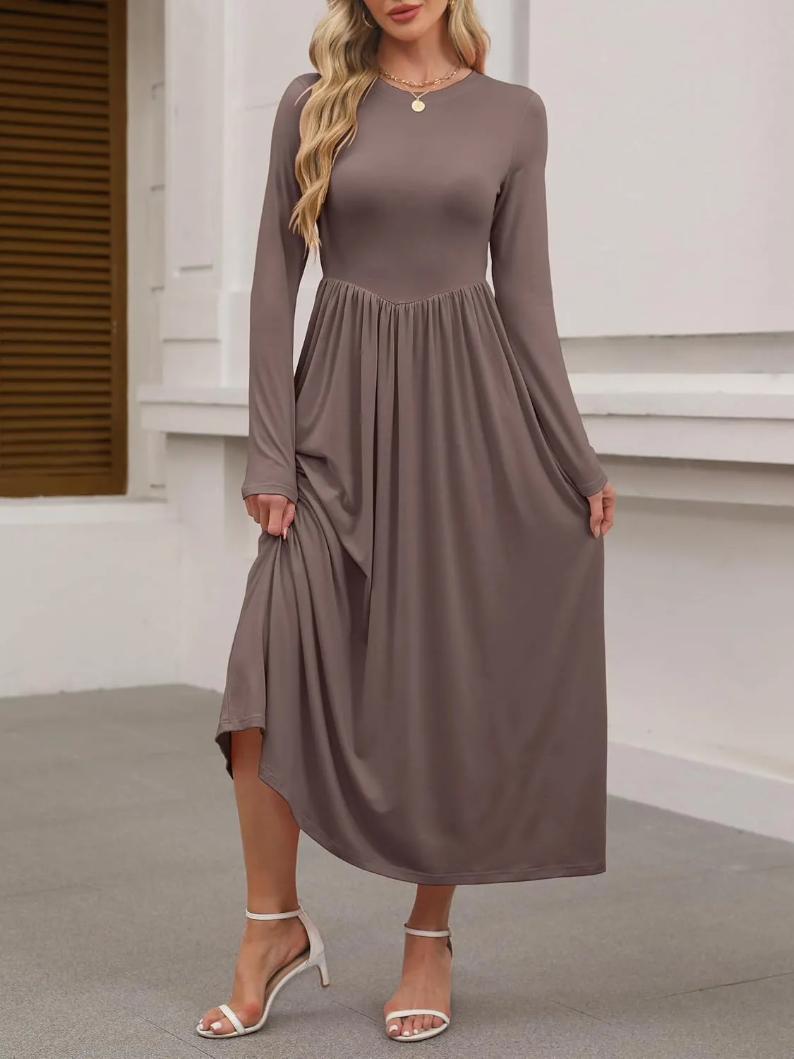 ANRABESS Women's Long Sleeve Maxi Dress Crew Neck Casual Slim Trendy Pleated Long Dresses with Pockets 2025 Spring Outfits