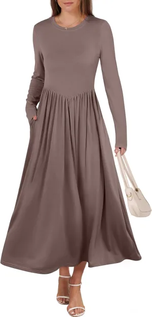 ANRABESS Women's Long Sleeve Maxi Dress Crew Neck Casual Slim Trendy Pleated Long Dresses with Pockets 2025 Spring Outfits