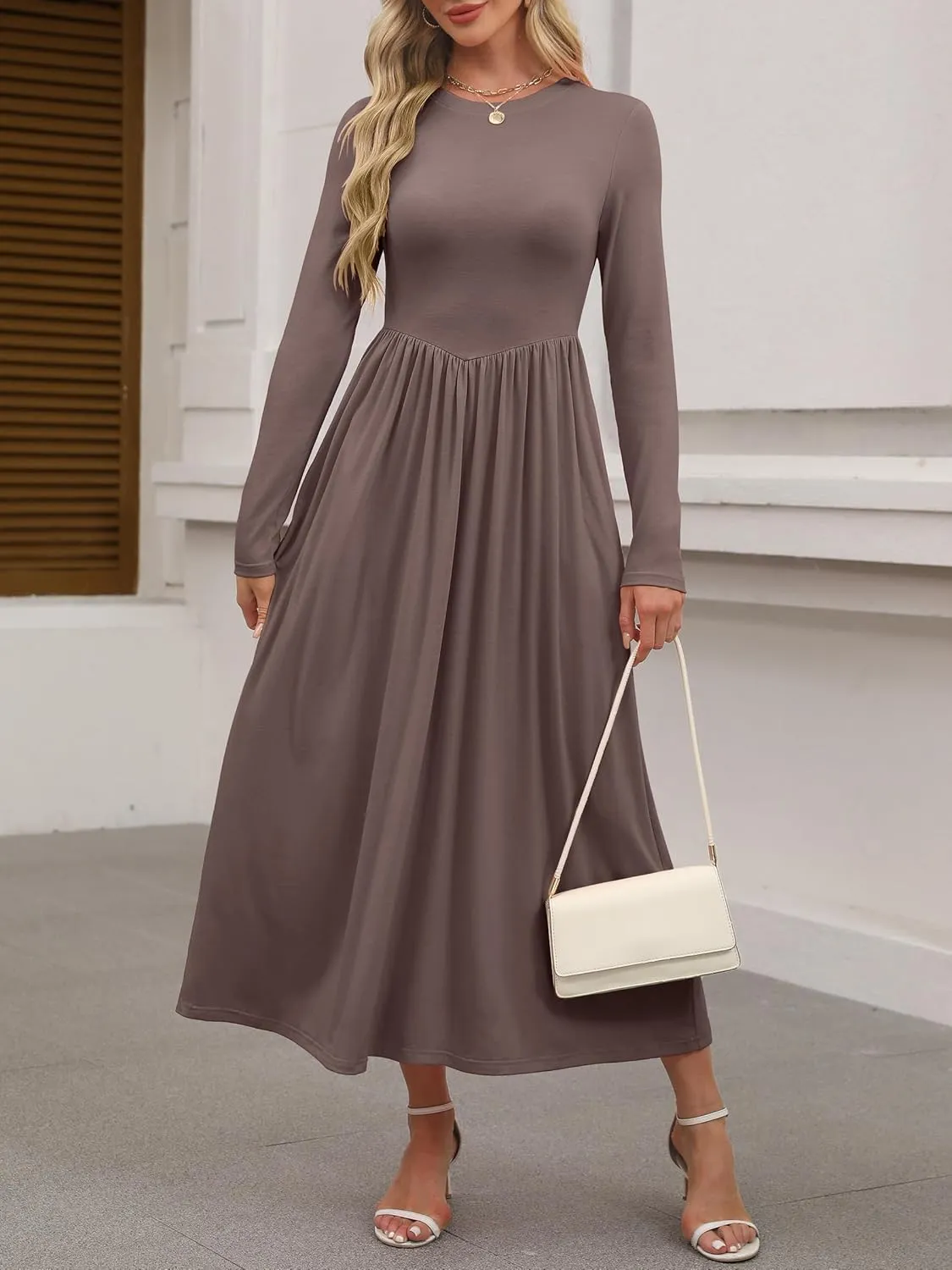 ANRABESS Women's Long Sleeve Maxi Dress Crew Neck Casual Slim Trendy Pleated Long Dresses with Pockets 2025 Spring Outfits