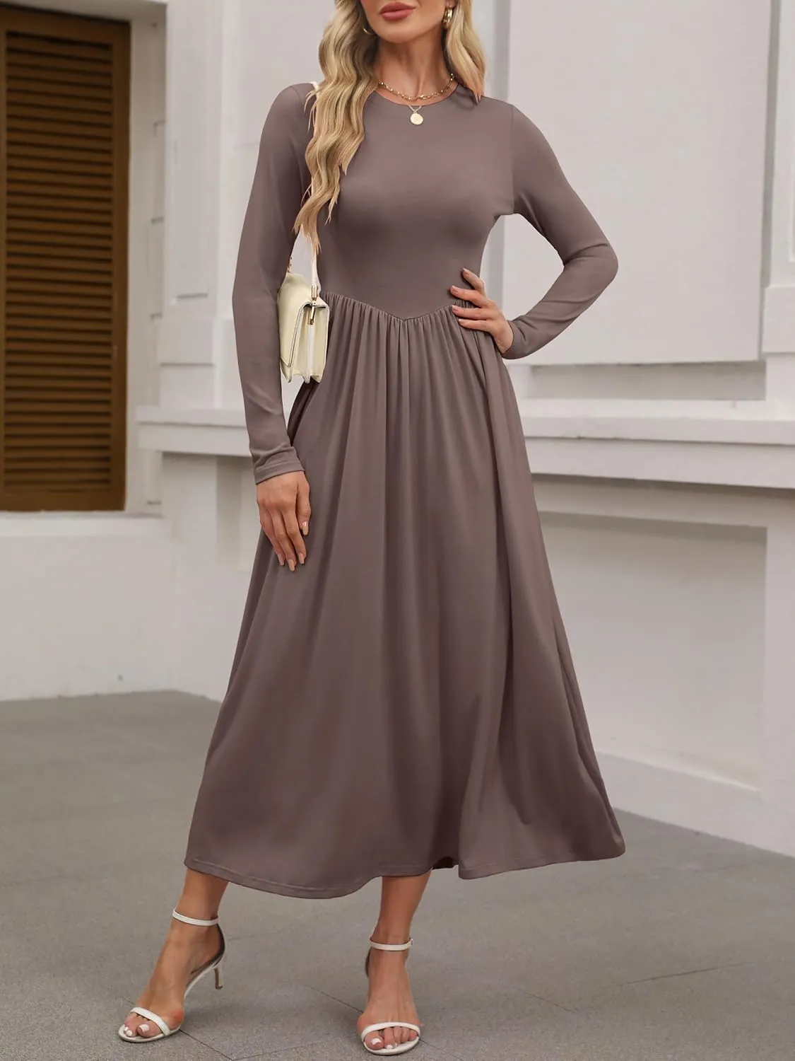 ANRABESS Women's Long Sleeve Maxi Dress Crew Neck Casual Slim Trendy Pleated Long Dresses with Pockets 2025 Spring Outfits