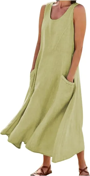 Apvirdy Linen Dress for Women Summer Sleeveless Solid Casual Baggy Flowy Maxi Dresses with Pockets