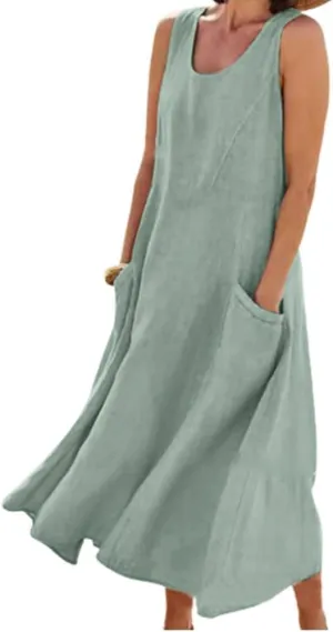 Apvirdy Linen Dress for Women Summer Sleeveless Solid Casual Baggy Flowy Maxi Dresses with Pockets