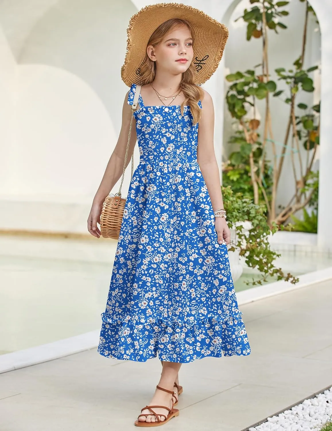 Arshiner Girls Summer Dress Boho Beach Casual Smocked Maxi Dresses 6-13 Years