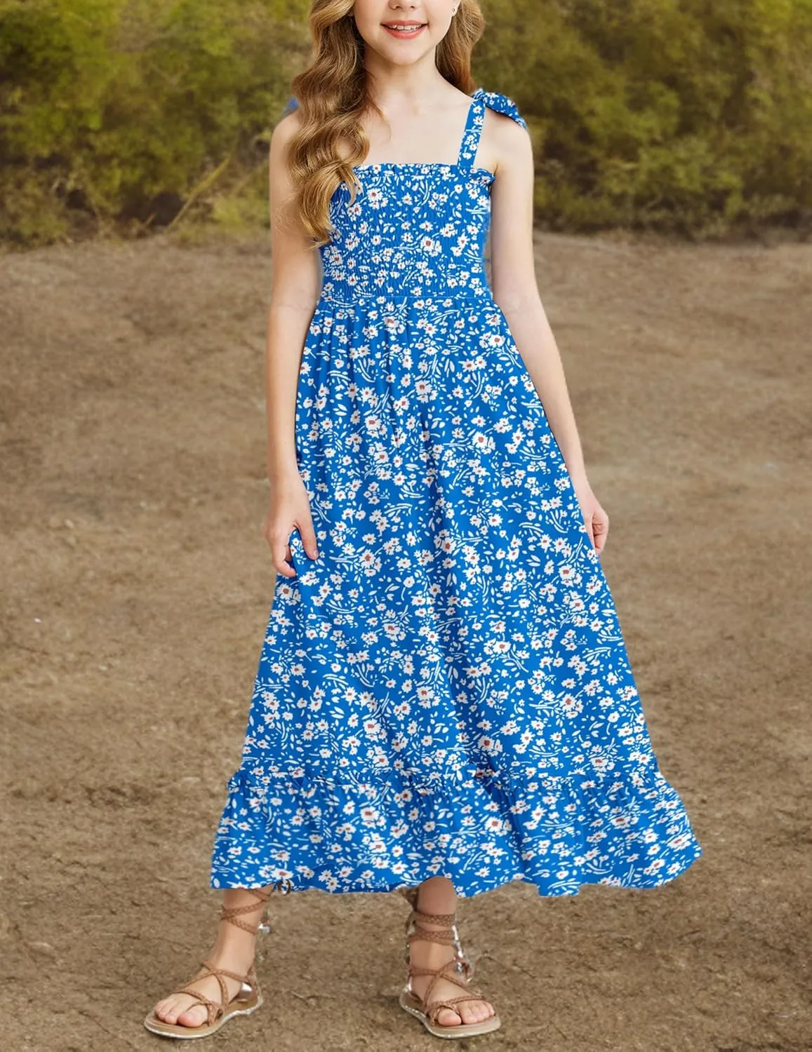 Arshiner Girls Summer Dress Boho Beach Casual Smocked Maxi Dresses 6-13 Years