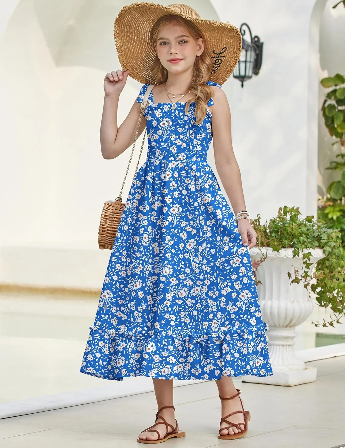 Arshiner Girls Summer Dress Boho Beach Casual Smocked Maxi Dresses 6-13 Years